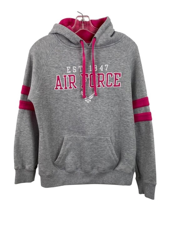 Top Of The World Tops - Air Force Gray Hoodie With Pink Stripes & Logo Fleece Lined Womens Size Small